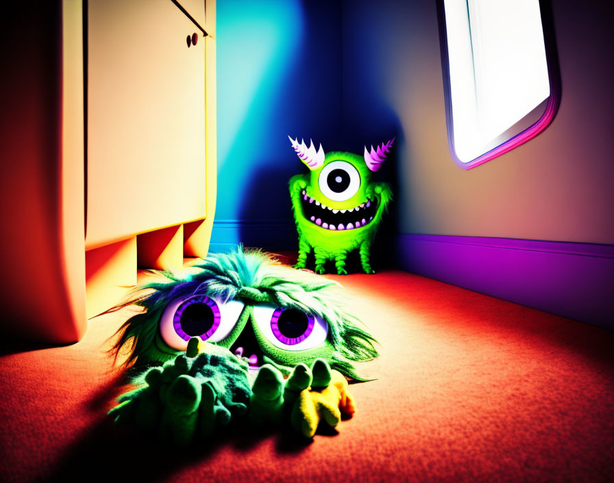 Vibrant Cartoon Monsters in Colorful Room with Shadows