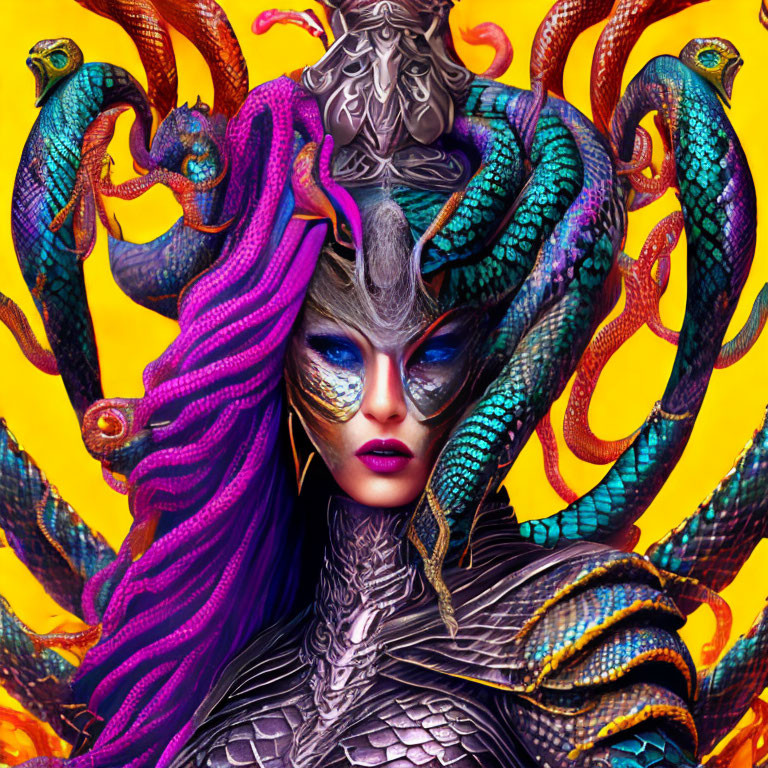 Colorful portrait of woman with Medusa-inspired makeup and serpents on yellow background