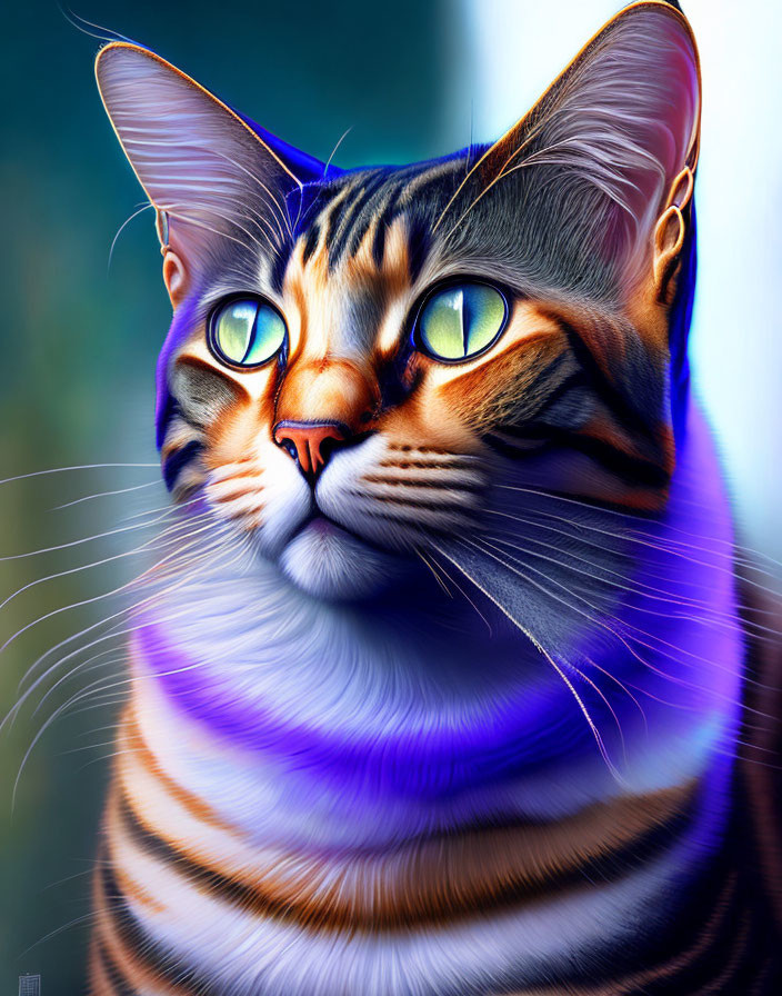 Colorful digital artwork: Cat with exaggerated eyes and striped fur