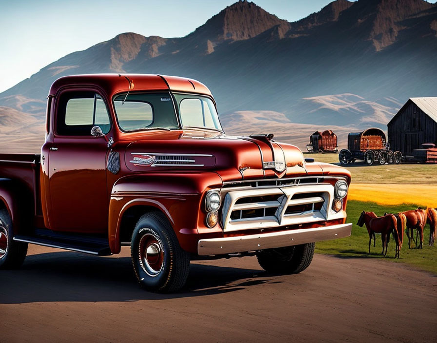 Vintage Red Pickup Truck in Countryside with Horses and Barn