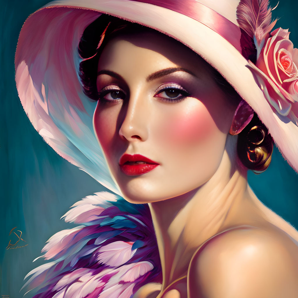 Illustration of woman in large brimmed hat with rose, feathered shawl, and bold