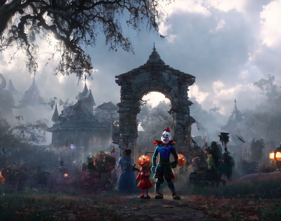 Children in costumes trick-or-treating near ancient stone archway in spooky Halloween setting with jack-o'-