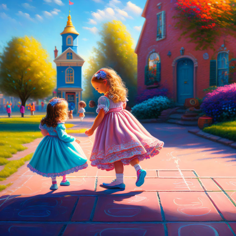 Young girls playing hopscotch on colorful street with red brick building