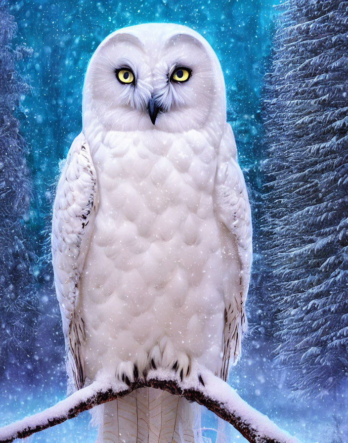 Snowy owl perched on branch in falling snowflakes