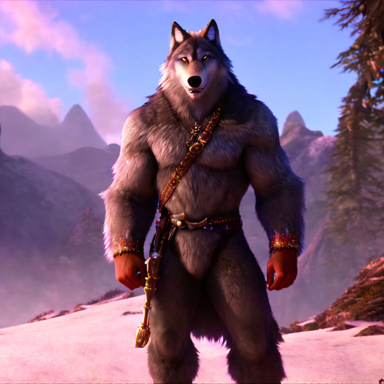 Anthropomorphic wolf in ornate armor with sword, mountainous backdrop