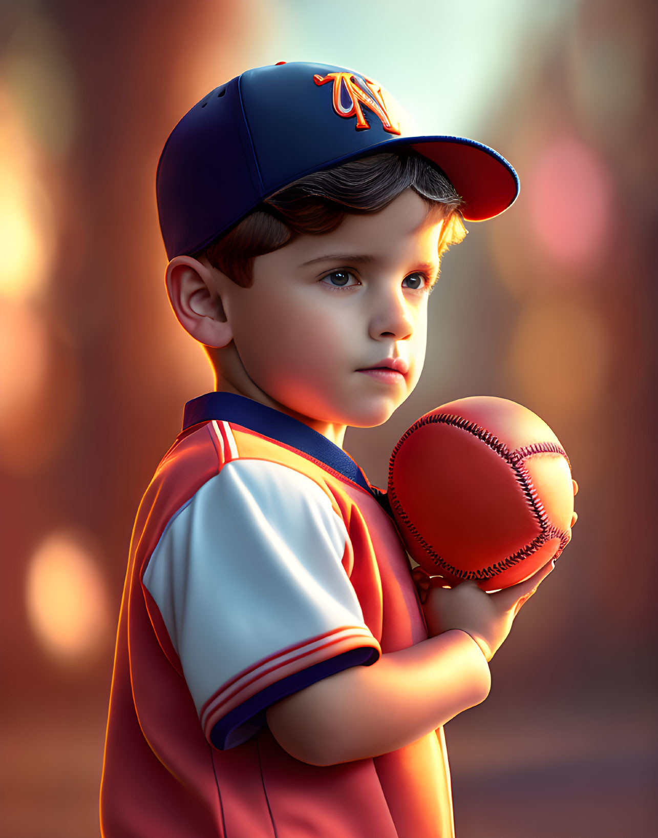 Young child in baseball attire holding a baseball outdoors