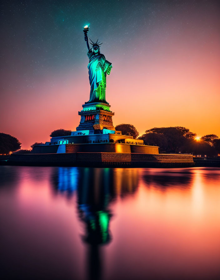 Iconic Statue of Liberty at Twilight with Vibrant Lights and Water Reflection