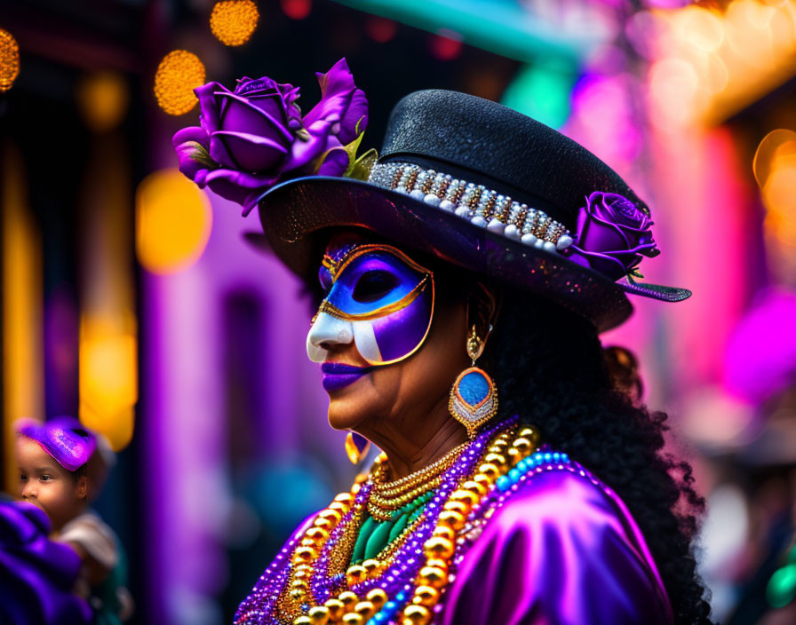 Colorful Costume with Mask, Rose Hat, and Bead Necklaces at Festive Event