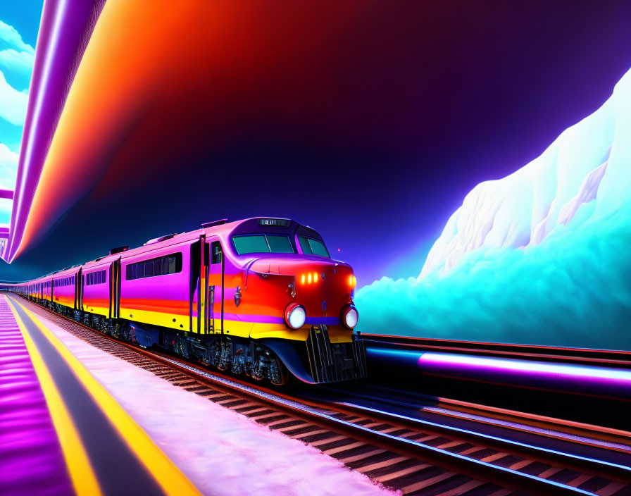 Colorful digital artwork of purple and yellow train on surreal tracks under vibrant sky