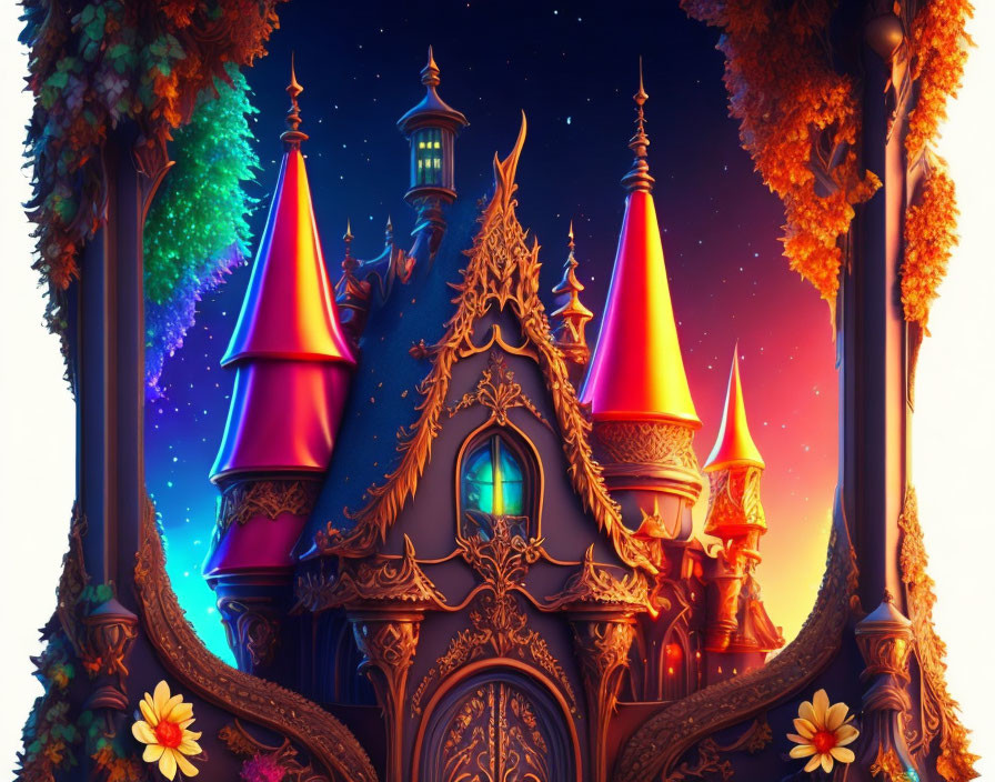 Fantasy castle with tall spires under starry night sky and autumn trees