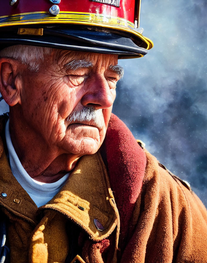 Elderly firefighter in uniform with smoke and blaze in background