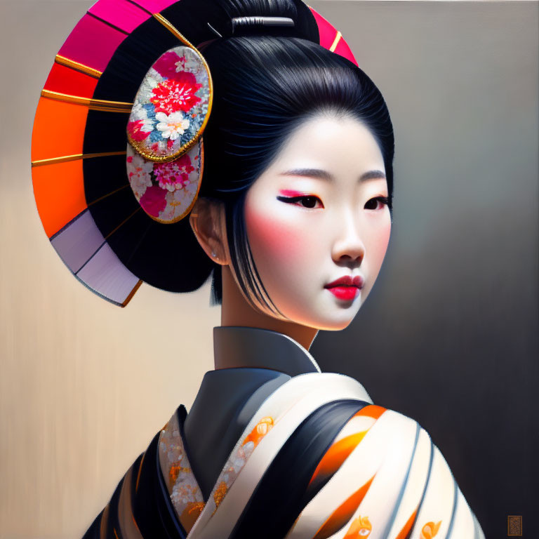 Traditional Japanese Geisha Portrait with Kimono and Umbrella