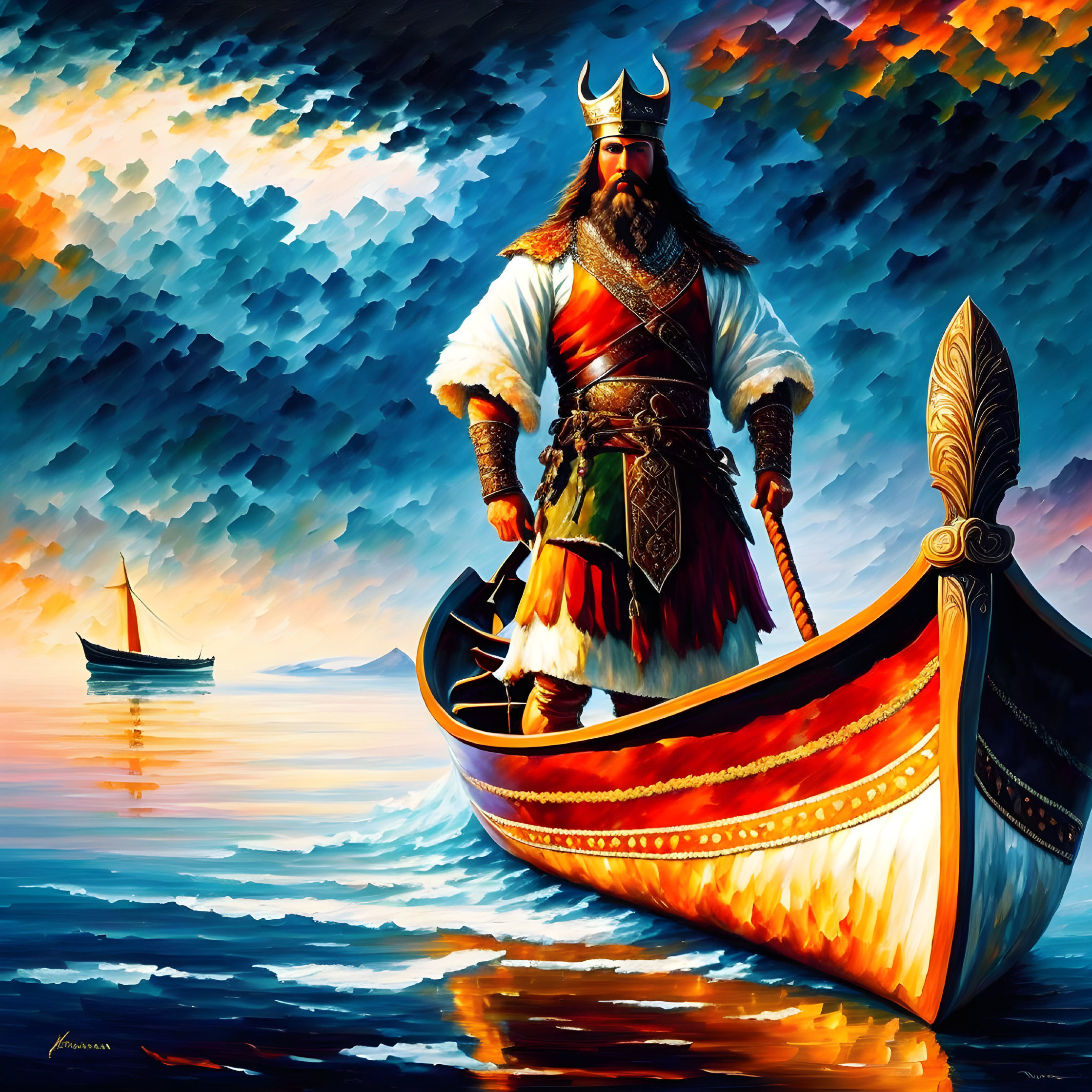 Traditional Viking warrior on longship prow under dramatic sky with distant sailboat.