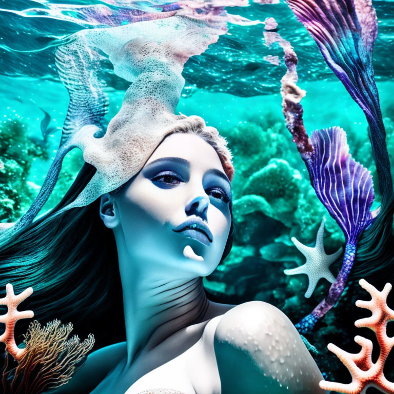 Fantasy sea creature woman with coral and starfish in vibrant colors