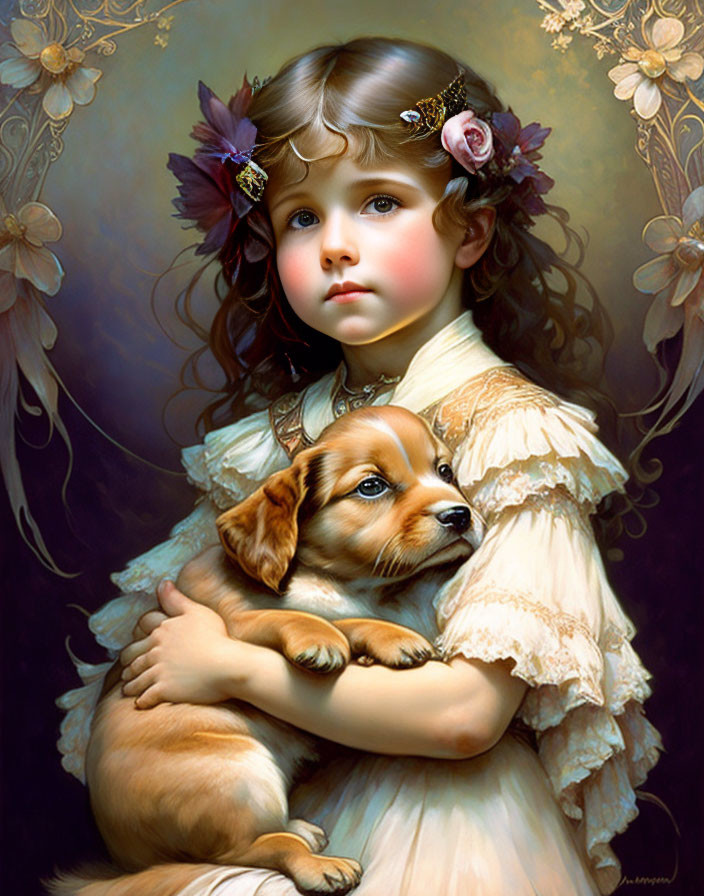 Young girl with curly hair holding a puppy in floral setting