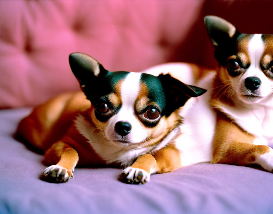 Two Chihuahua dogs with black and brown markings on pink surface.