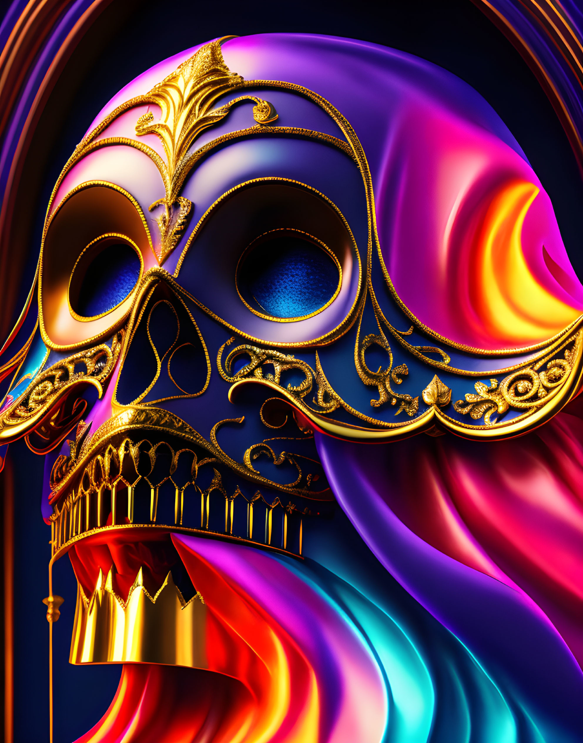 Colorful digital art: Golden ornate skull on swirling purple, blue, and pink backdrop