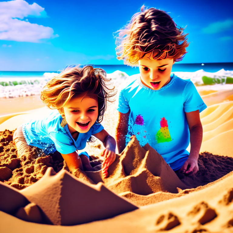 Children building sandcastle on sunny beach with waves