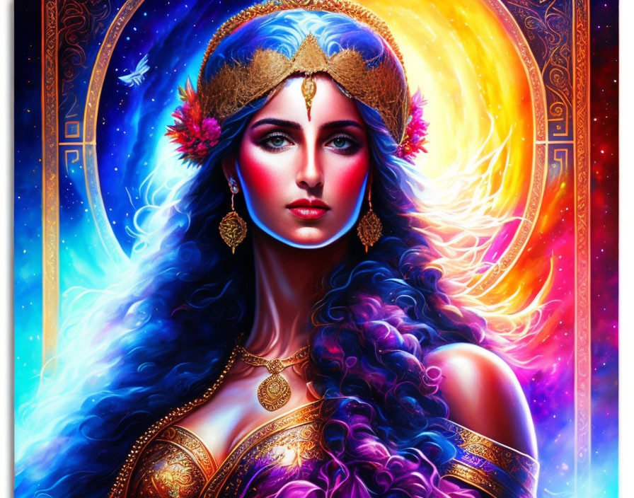 Colorful portrait of woman with blue wavy hair and golden crown, surrounded by celestial motifs