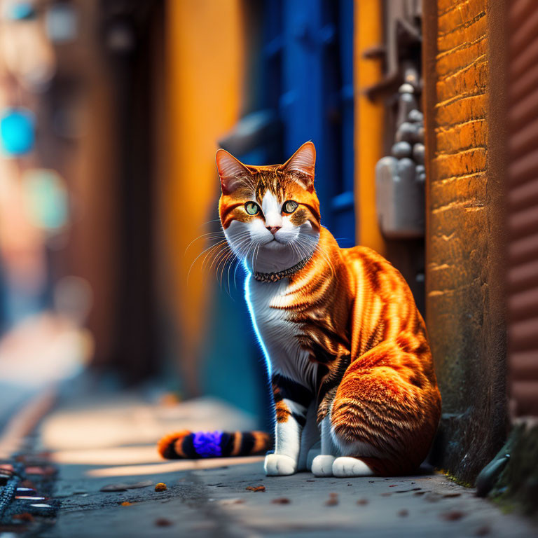 Orange Tabby Cat Sitting on Cobblestone Street with Urban Background