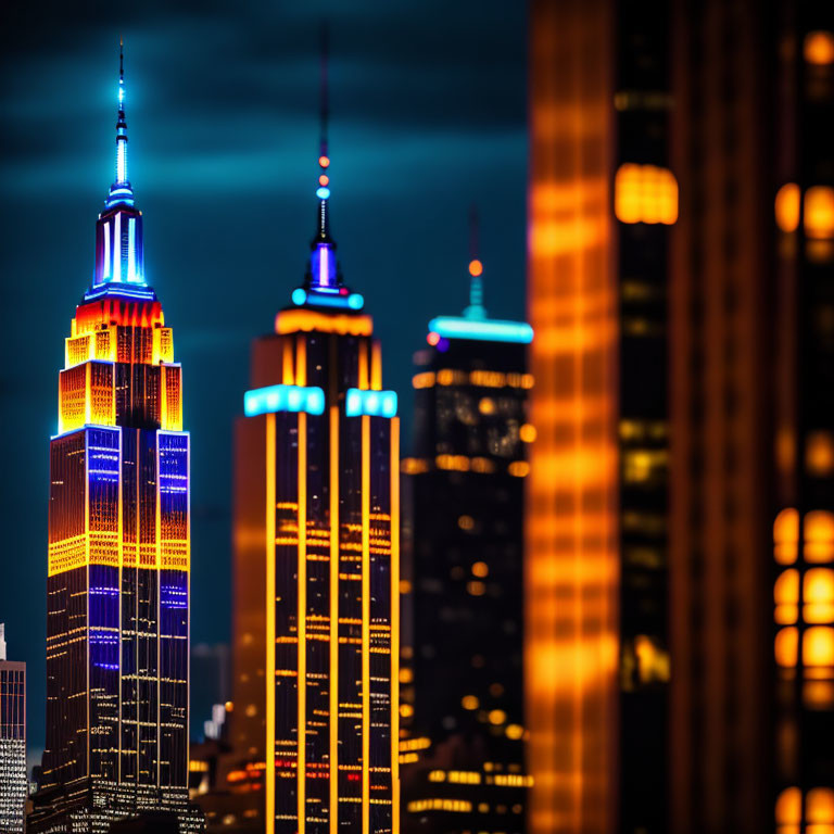 Vibrant illuminated skyscraper at twilight amid city lights