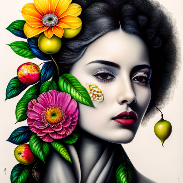 Colorful floral and fruit-themed portrait of a woman against neutral backdrop