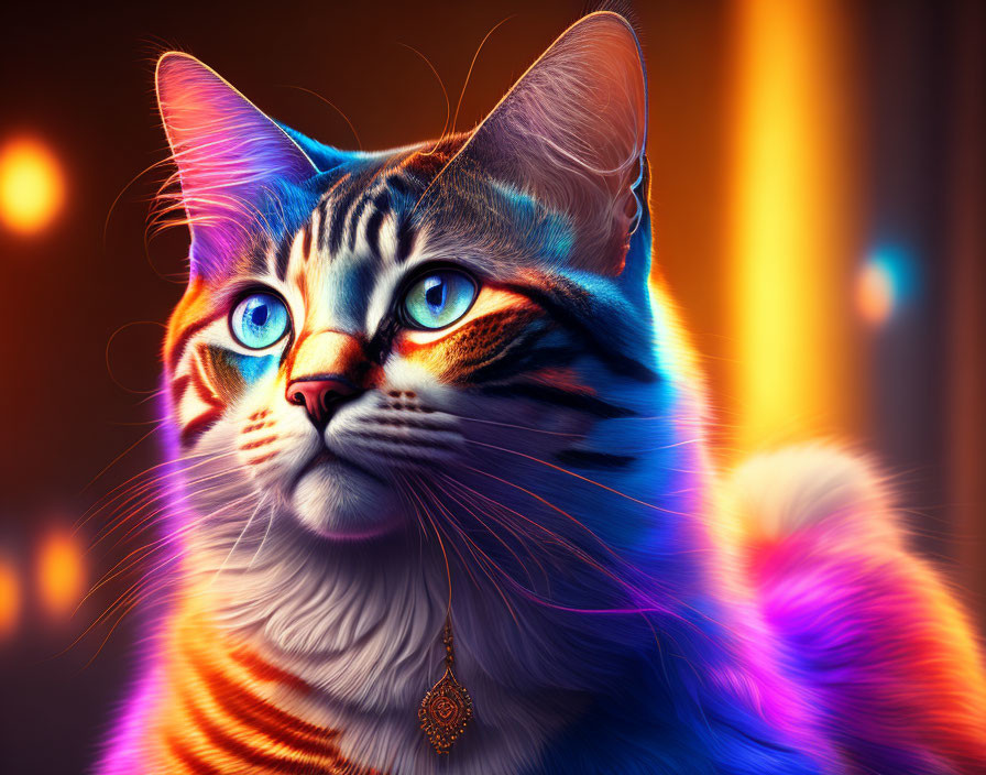 Colorful Digital Artwork: Cat with Blue Eyes and Intricate Fur Patterns