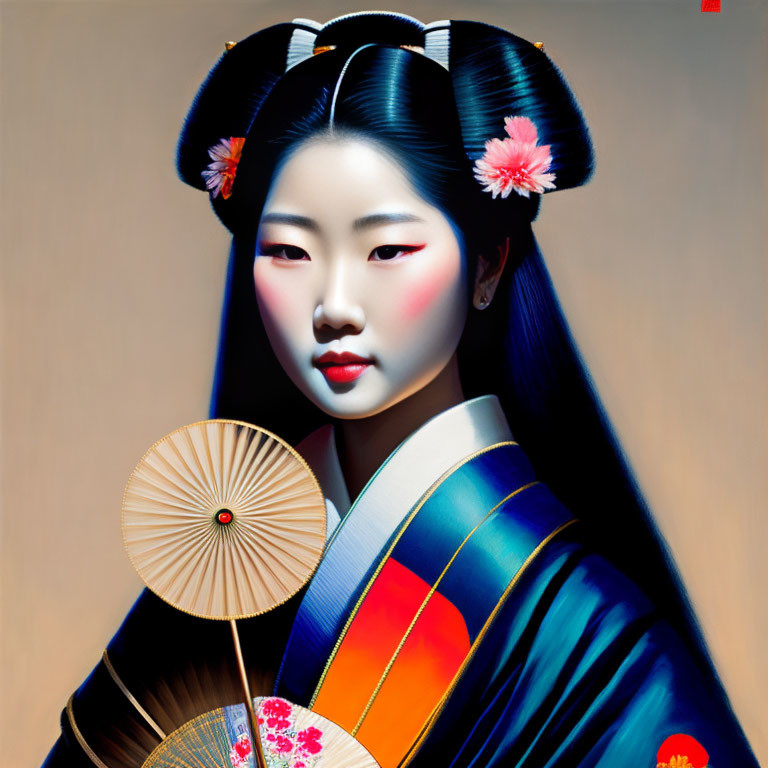 Traditional Japanese Attire Portrait with Fan and Floral Hair Accessories