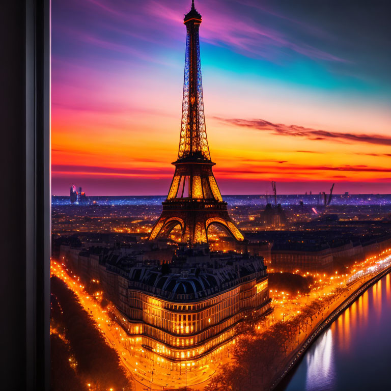 Iconic Eiffel Tower at Twilight with City Lights and River Reflections