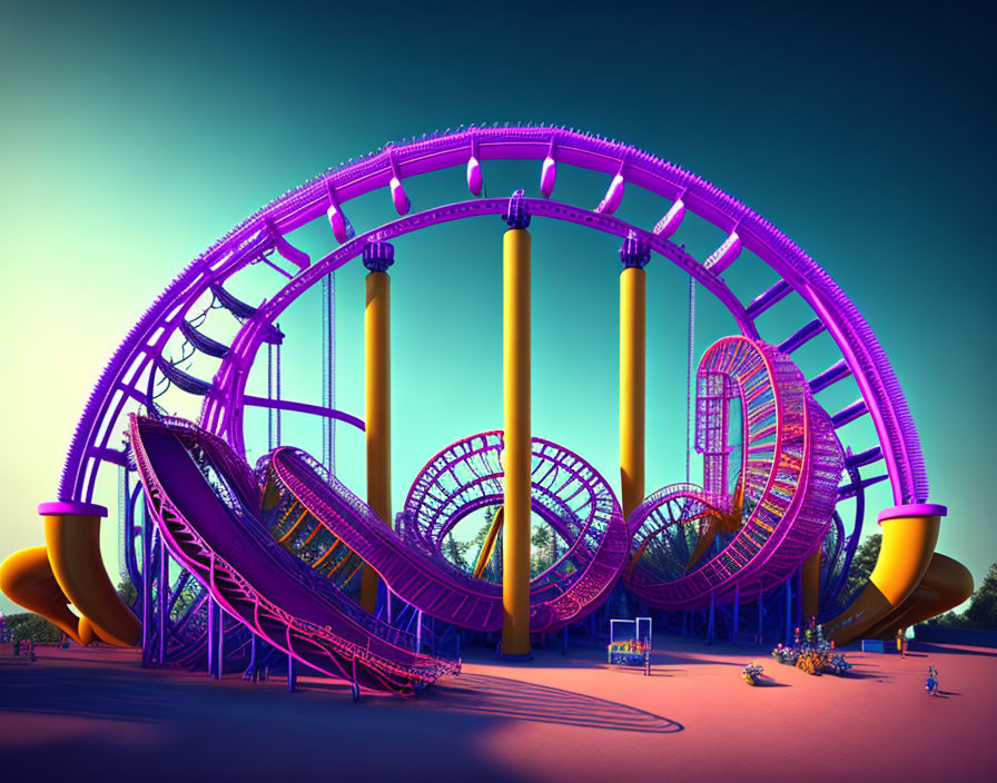 Vibrant Purple Roller Coaster with Looping Tracks and Golden Supports