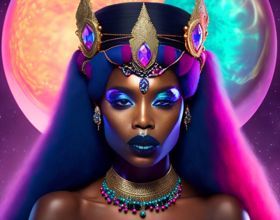 Woman with blue and purple makeup and hair in gold headdress against cosmic backdrop.