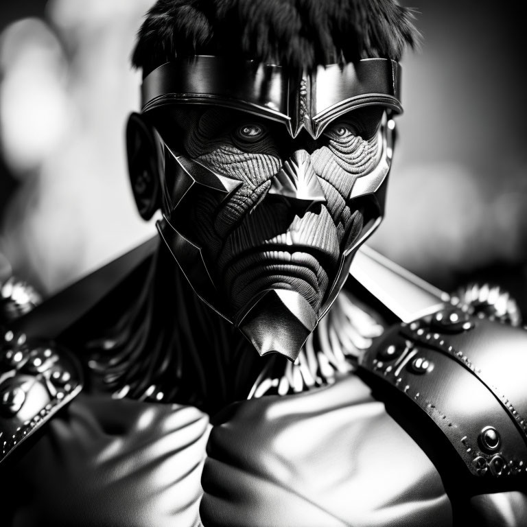 Detailed Monochrome Image of Person in Stylized Costume Mask