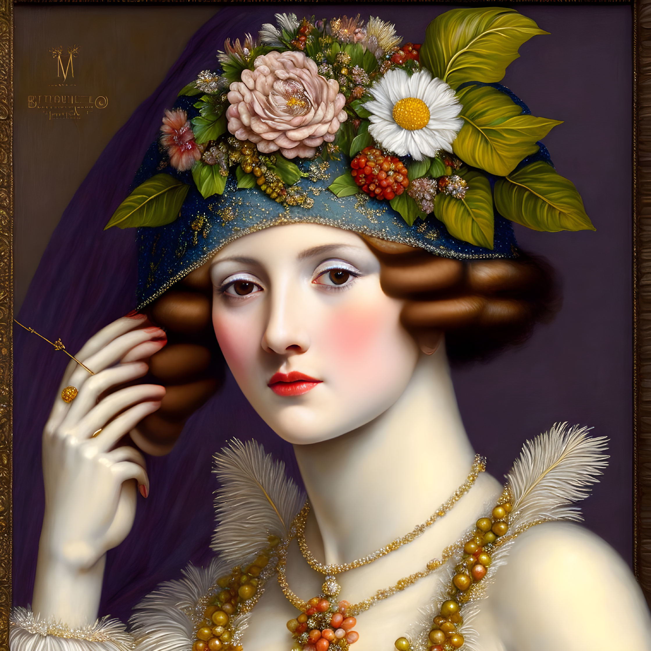 Woman portrait with floral headdress, pearl necklace, and feather details