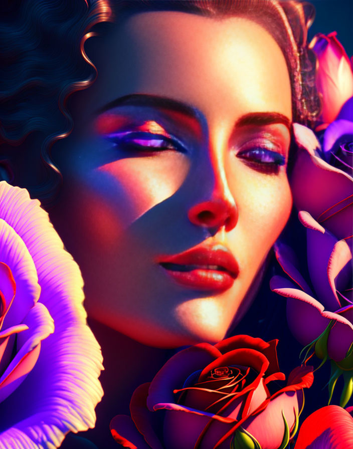 Digital Artwork: Woman with Striking Features Surrounded by Red Flowers