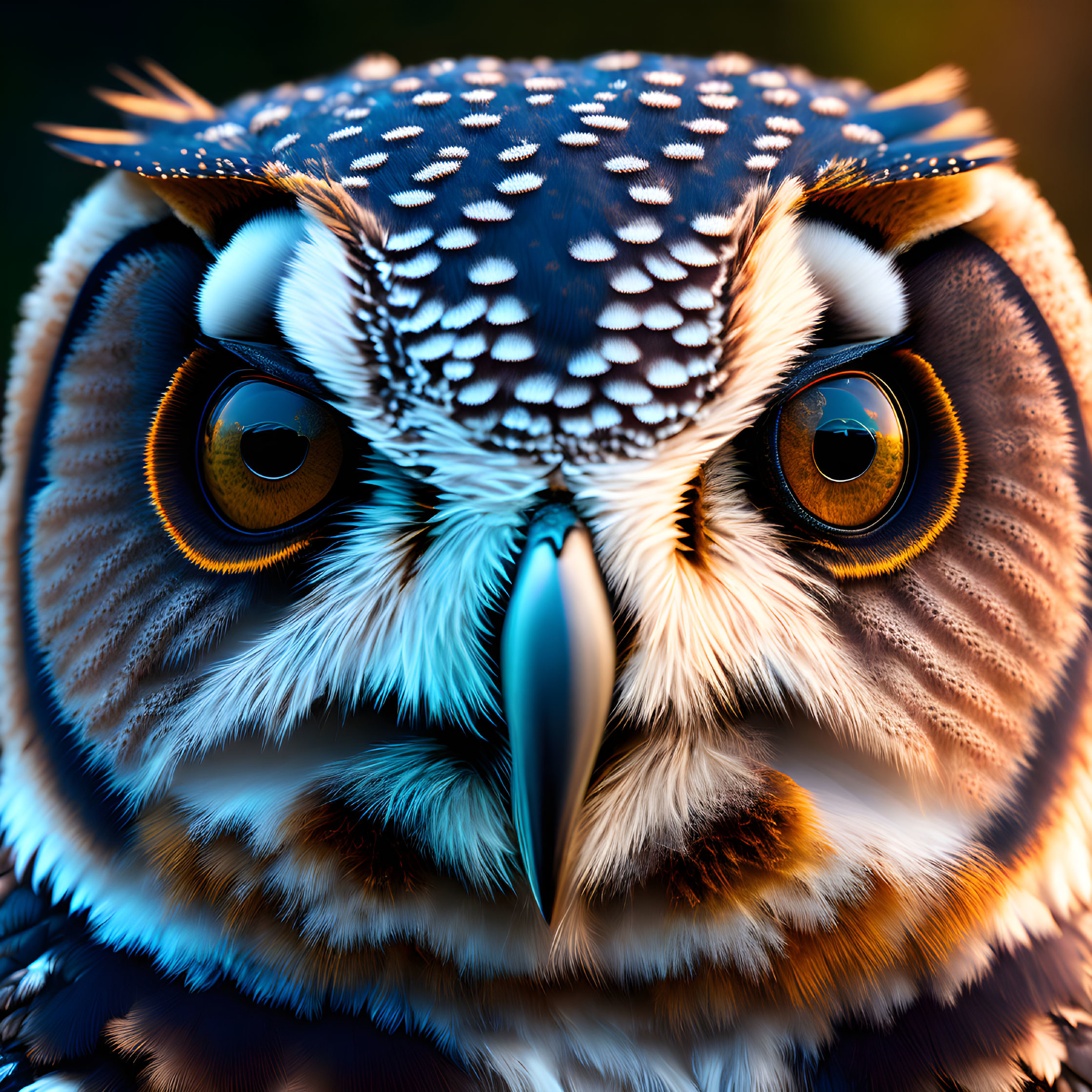 Detailed Owl Plumage and Eyes on Dark Background