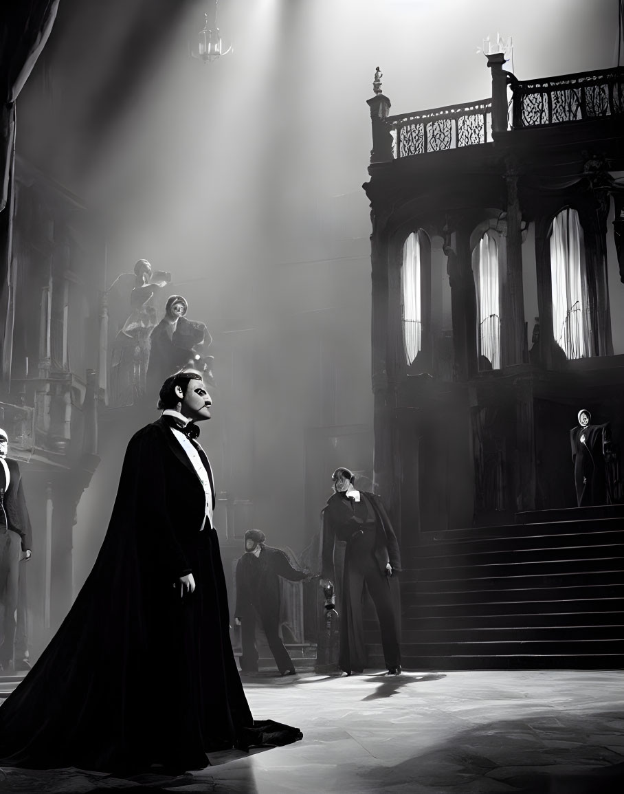 Monochrome theatrical scene: man in cape under spotlight with somber ensemble in ornate setting