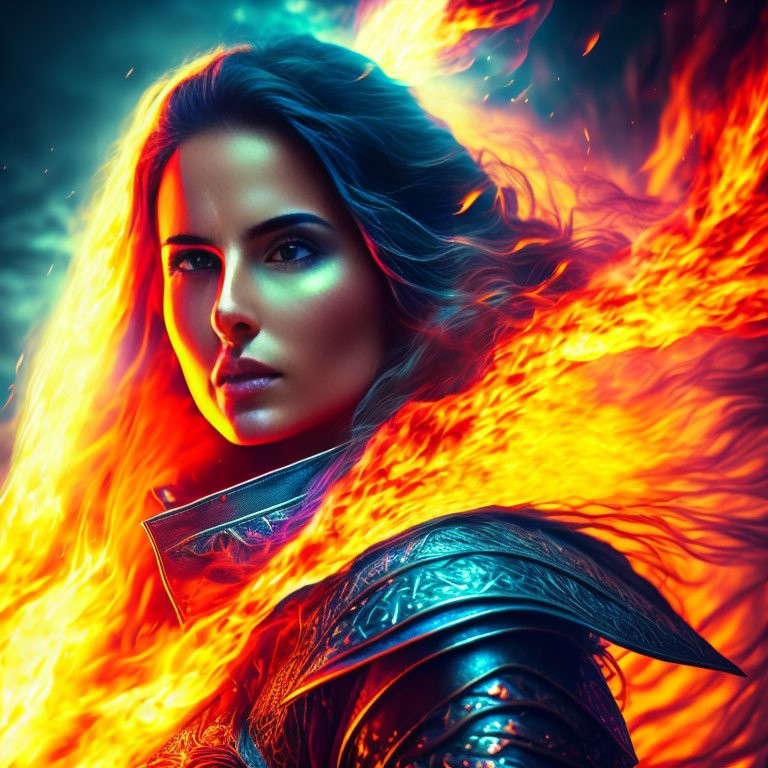 Digital artwork: Woman with fiery wings, intense eyes, detailed armor, vibrant blue and orange backdrop