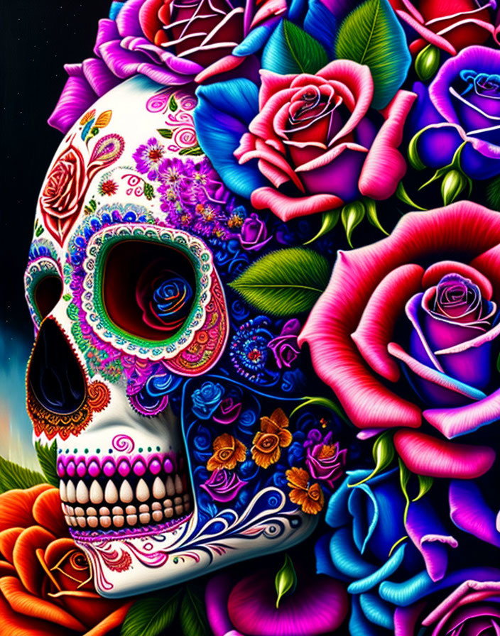 Colorful Human Skull with Floral Patterns and Roses on Dark Background