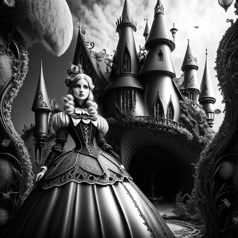 Monochromatic image of woman in Victorian dress at fairytale castle