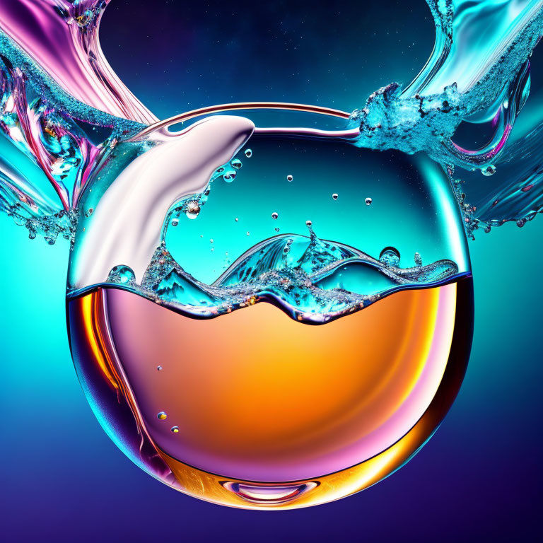 Colorful Digital Art: Spherical Water Droplet in Splashing Liquids