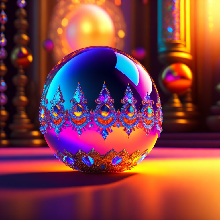 Ornate golden sphere with gems on warm backdrop