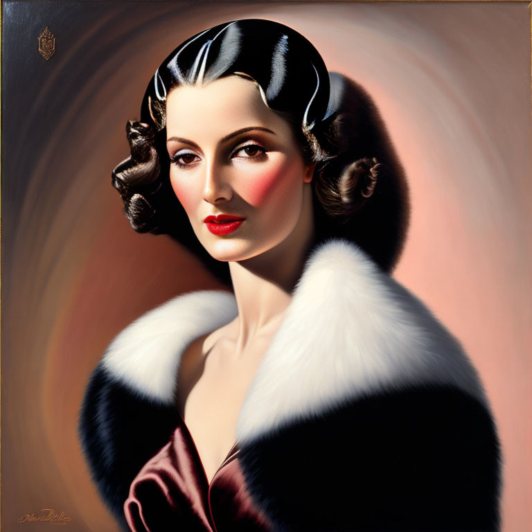 Stylized portrait of a woman with red lipstick and fur stole