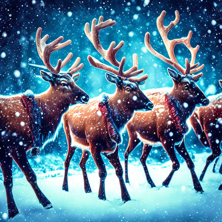 Group of reindeer with glowing antlers in snowy night