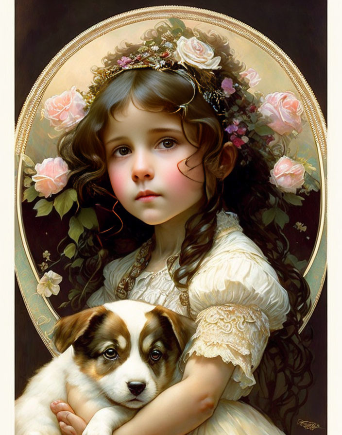 Portrait of Young Girl with Puppy in Floral Wreath and Lace Dress