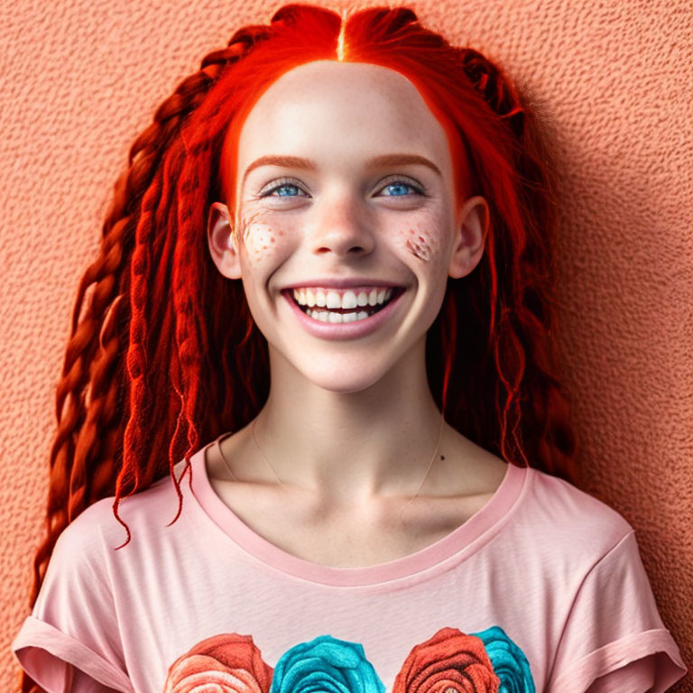 Smiling person with red braided hair on coral background