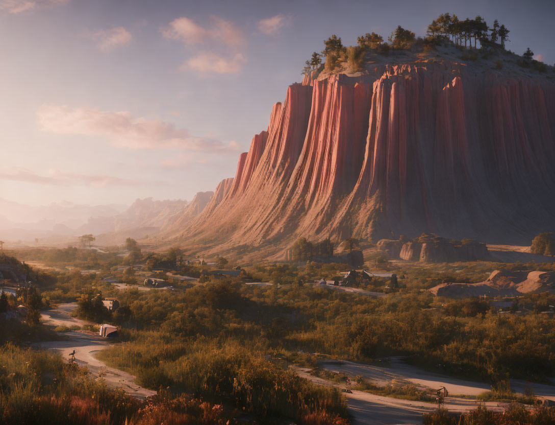 Vast Sunrise Landscape with Red Cliffs and Winding Road