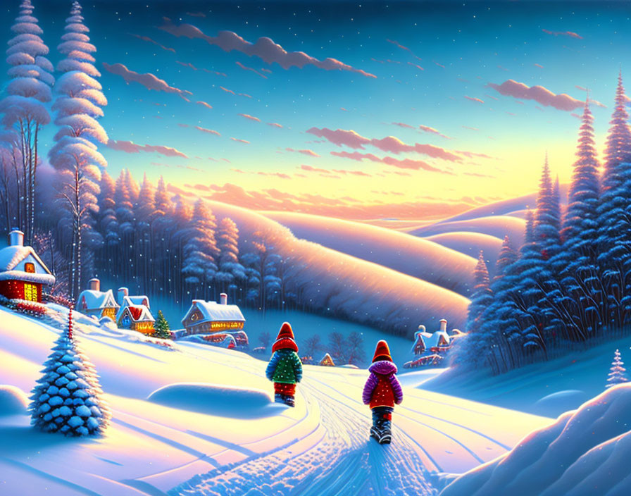 Snowy winter evening: Two people walking towards illuminated village