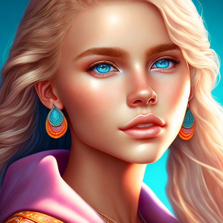 Digital illustration of woman with blue eyes, blonde hair, colorful earrings