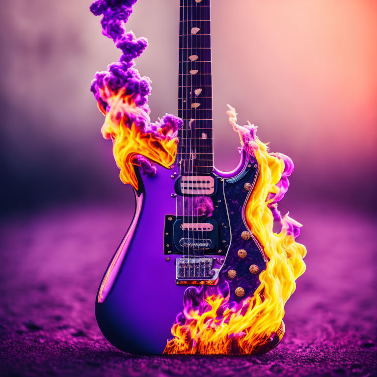 Vibrant purple and orange flames engulf electric guitar