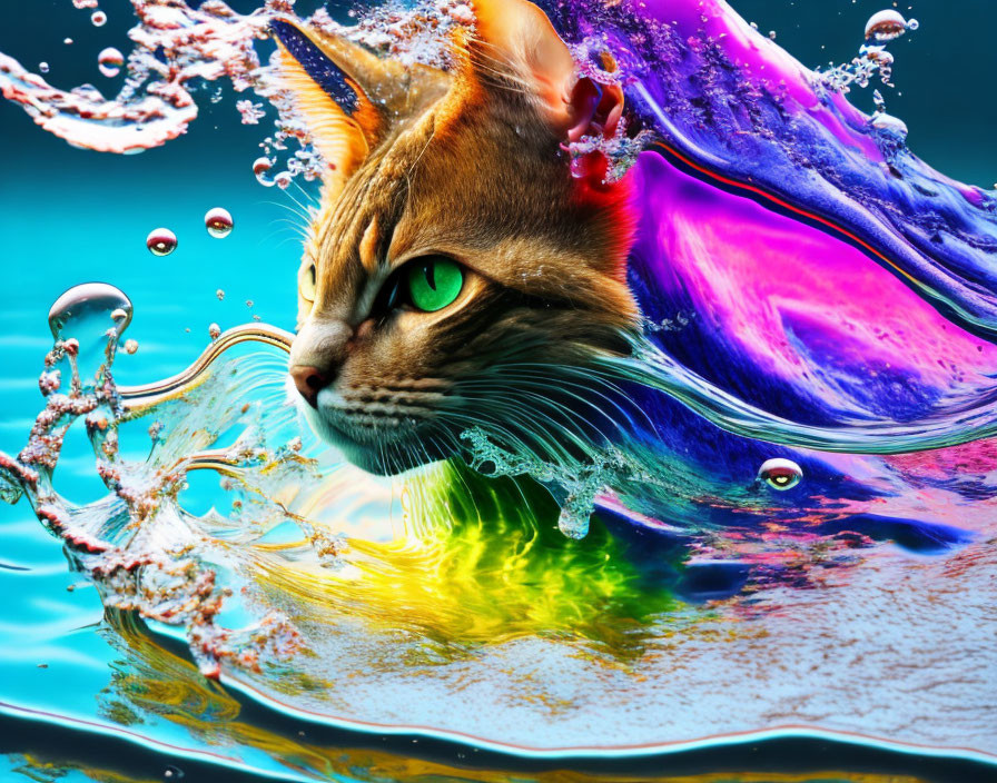 Colorful splashes surround cat's head in vibrant water scene